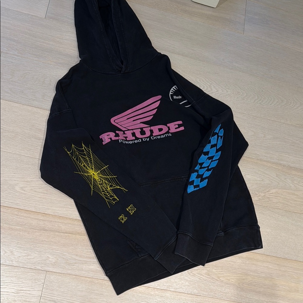 Rhude Black Hoodie with Pink and Yellow Accents